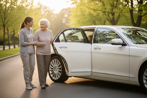 Senior walking towards a sedan vehicle for non-emergency medical transportation