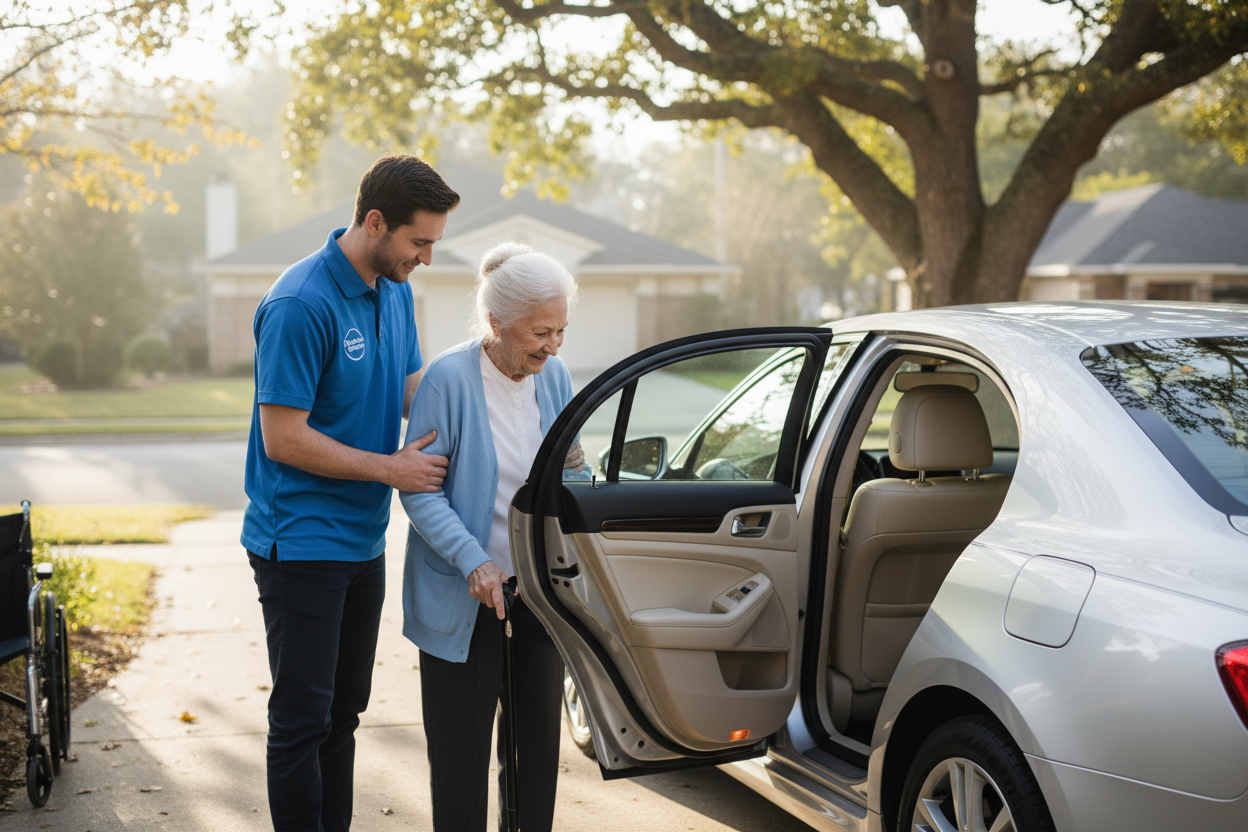 Caring driver helping an elderly person get into a sedan for medical transportation