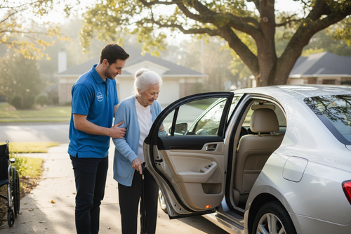 Caring driver helping an elderly person get into a sedan for medical transportation